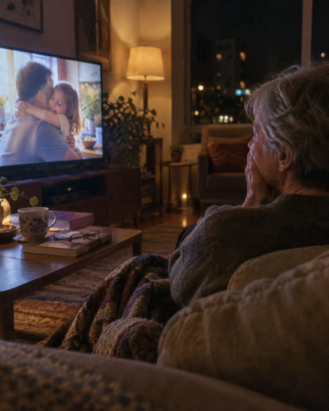 An older woman in Germany watching the ad on her TV, moved, her hand over her mouth