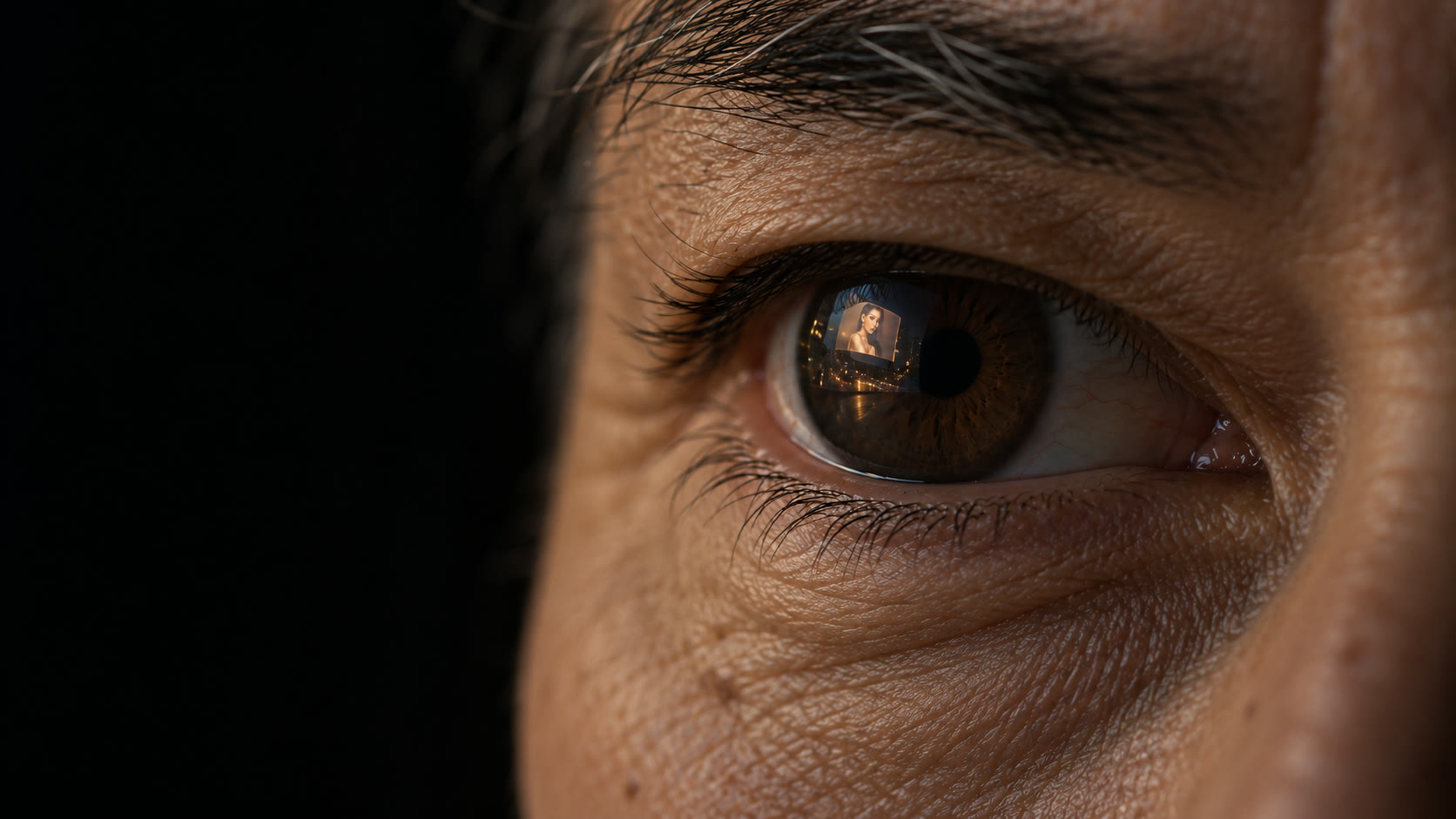 Close-up of an eye reflecting a lit billboard in a city at night